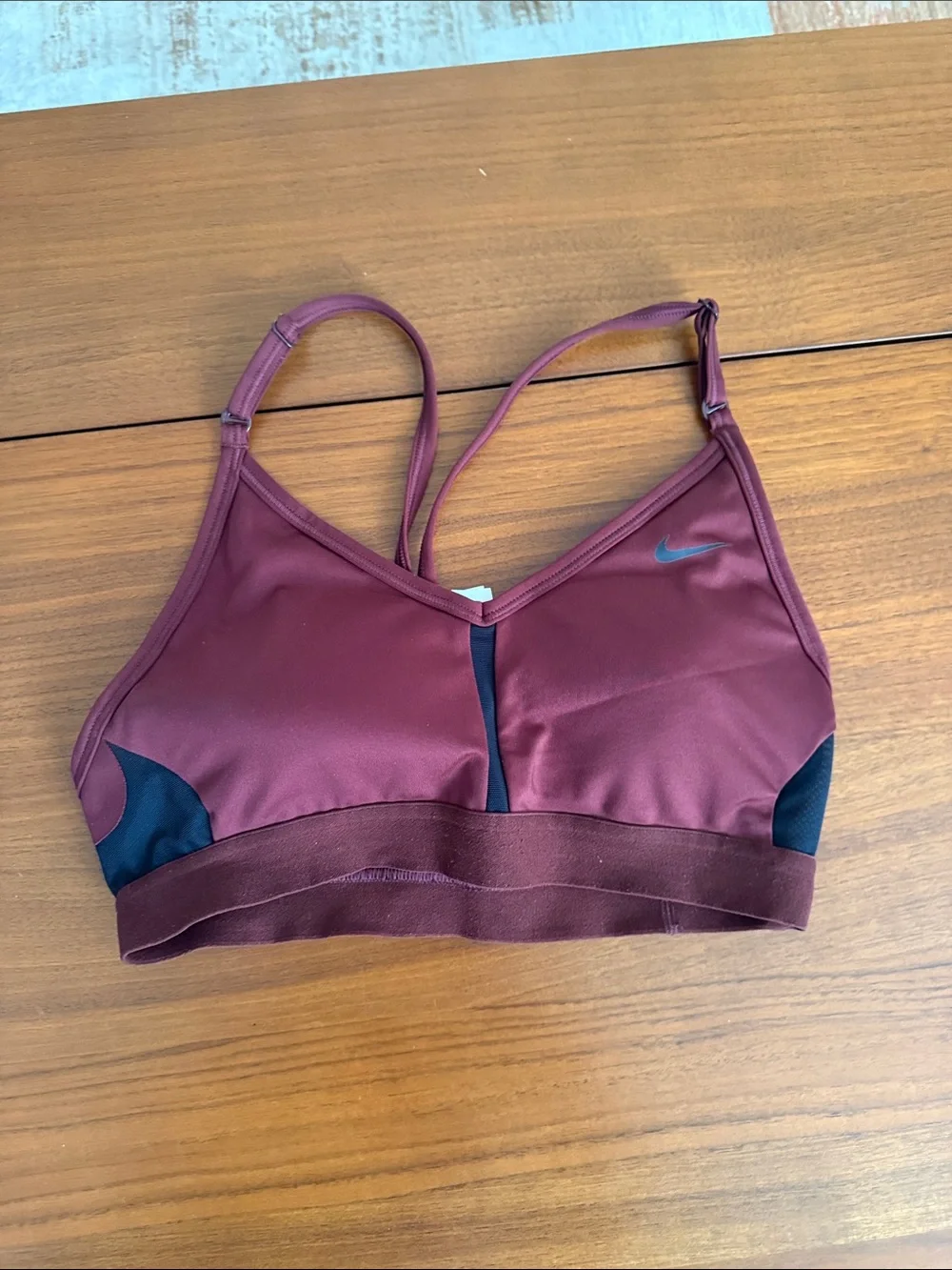 Nike Women's Maroon Strappy Sports Bra with Black Accents